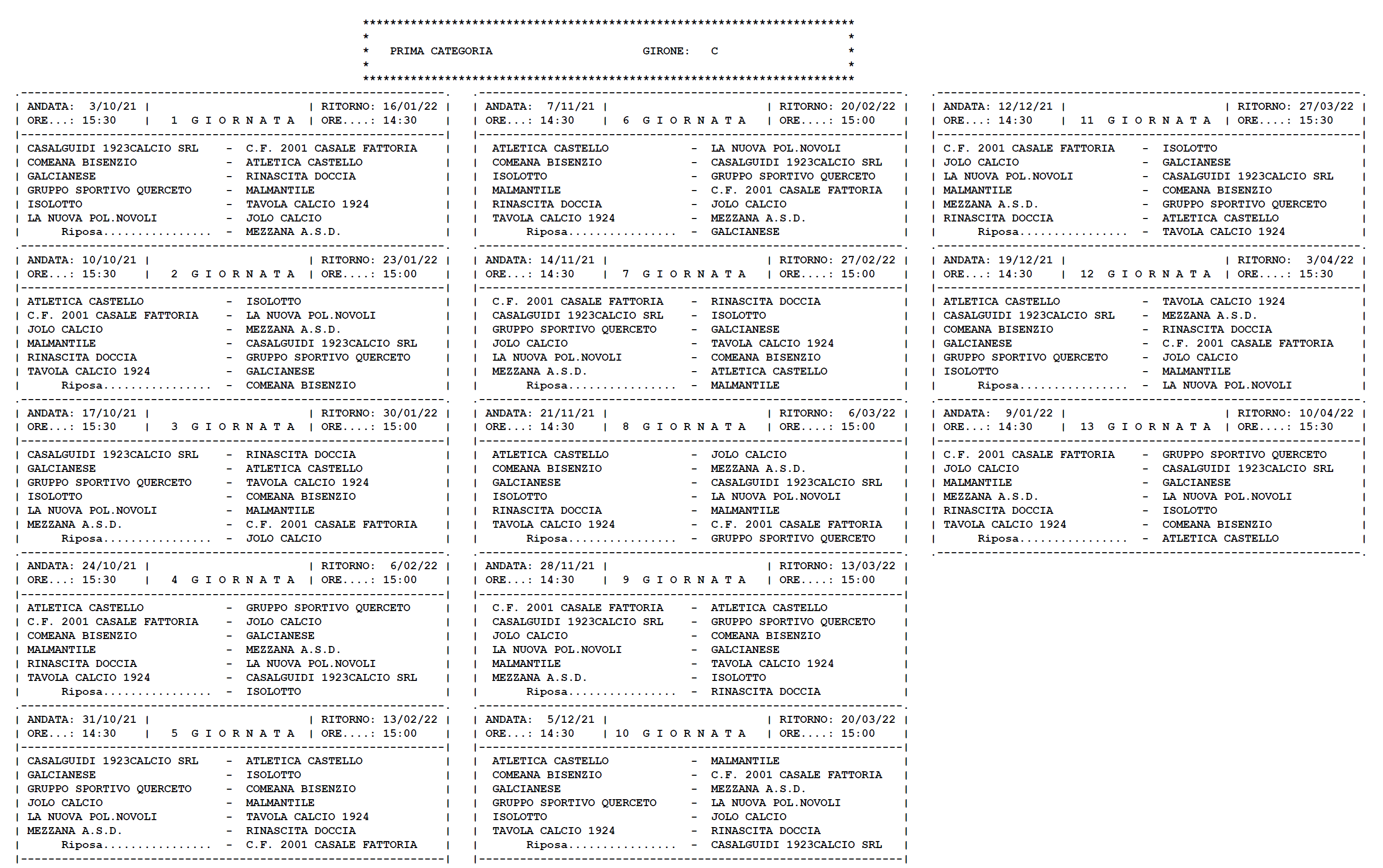 PRIMA CATEGORIA/C – Il calendario completo della stagione 2021/’22