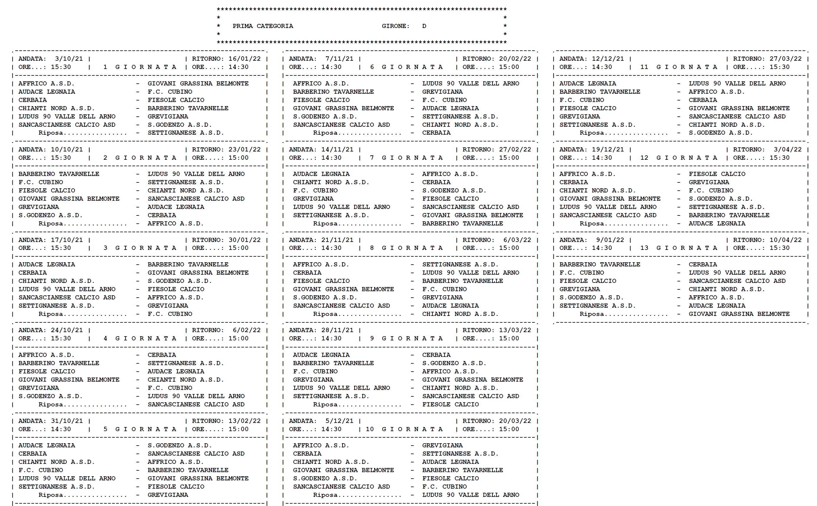 PRIMA CATEGORIA/D – Il calendario completo della stagione 2021/’22