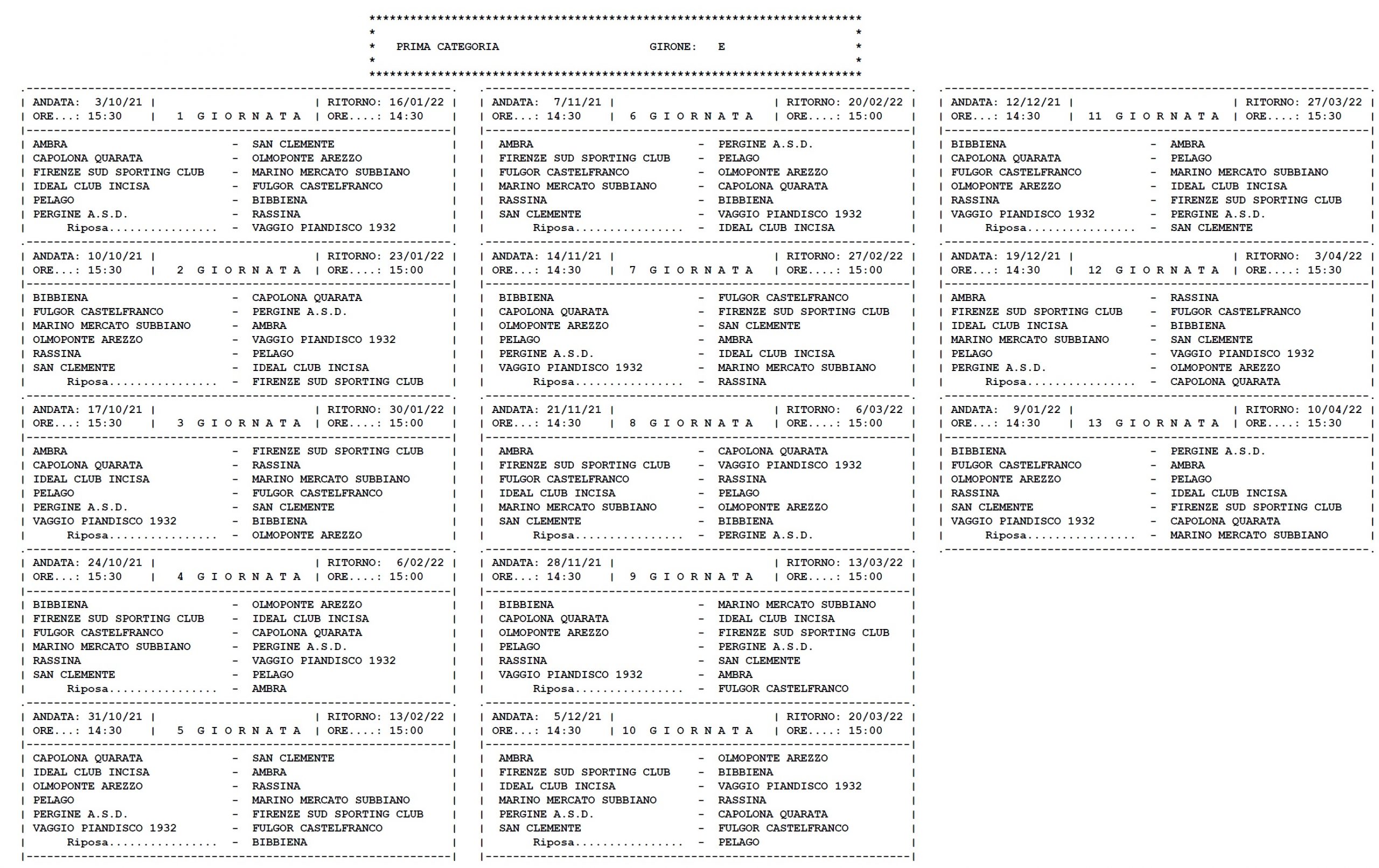 PRIMA CATEGORIA/E – Il calendario completo della stagione 2021/’22