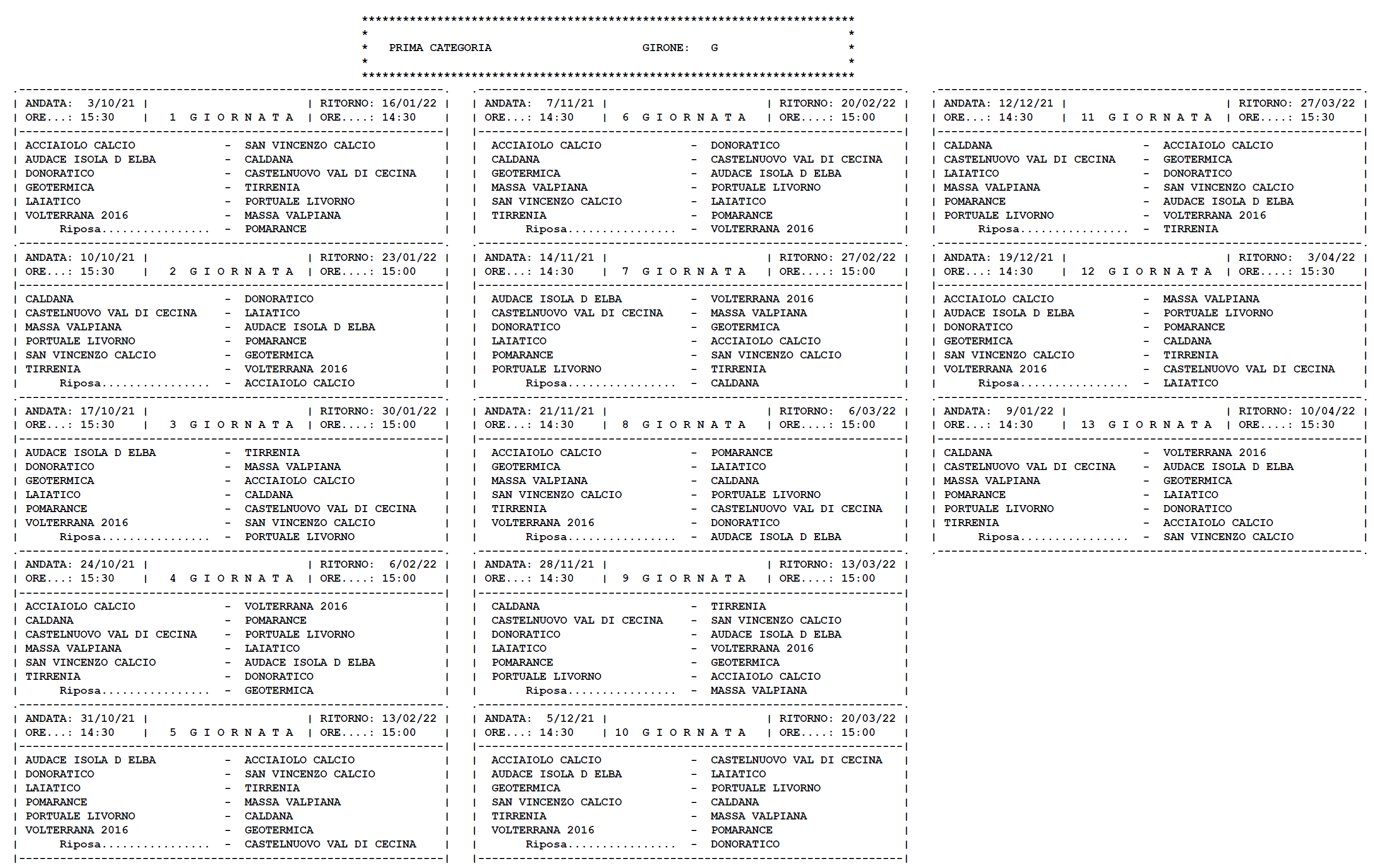 PRIMA CATEGORIA/G – Il calendario completo della stagione 2021/’22