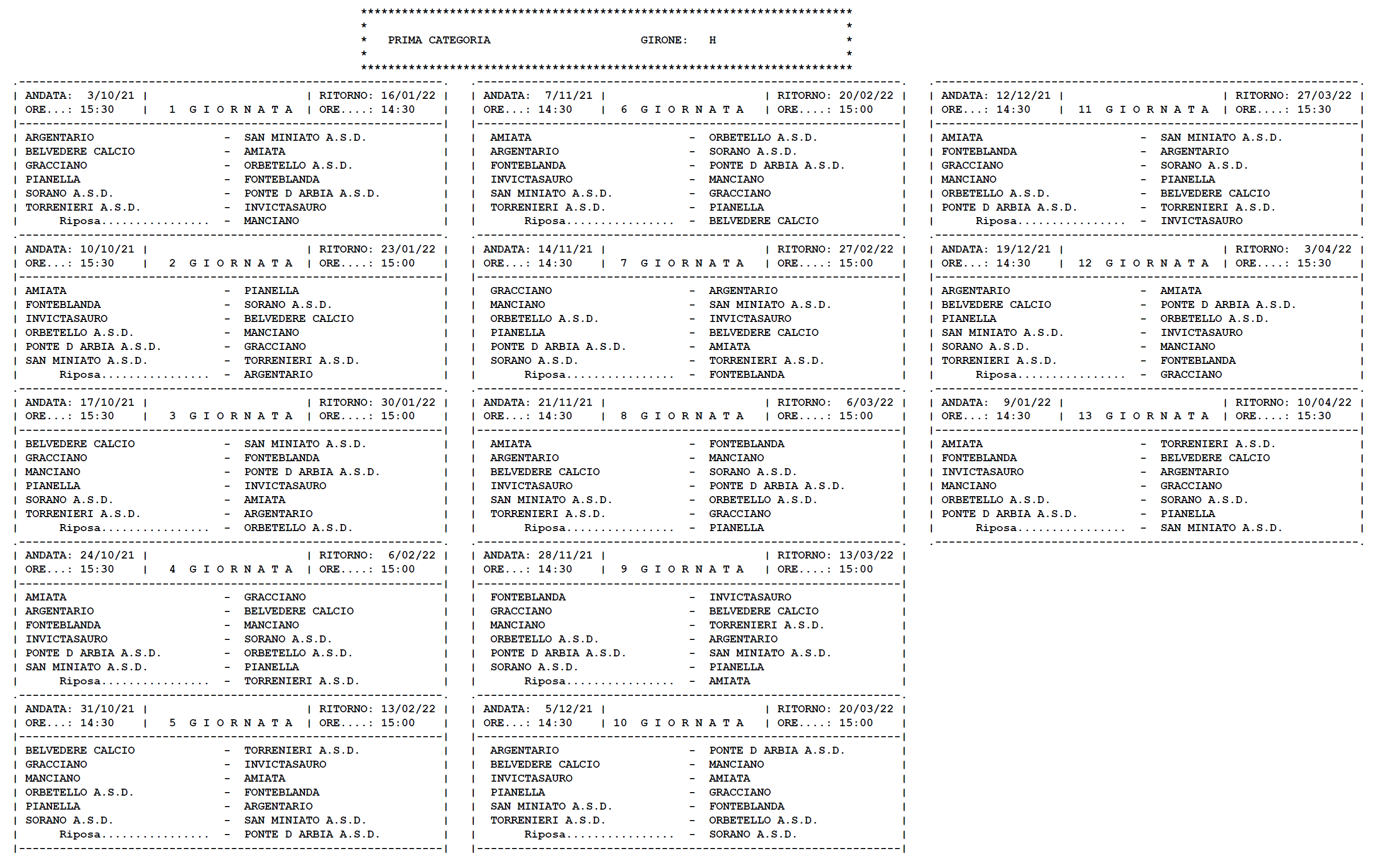 PRIMA CATEGORIA/H – Il calendario completo della stagione 2021/’22