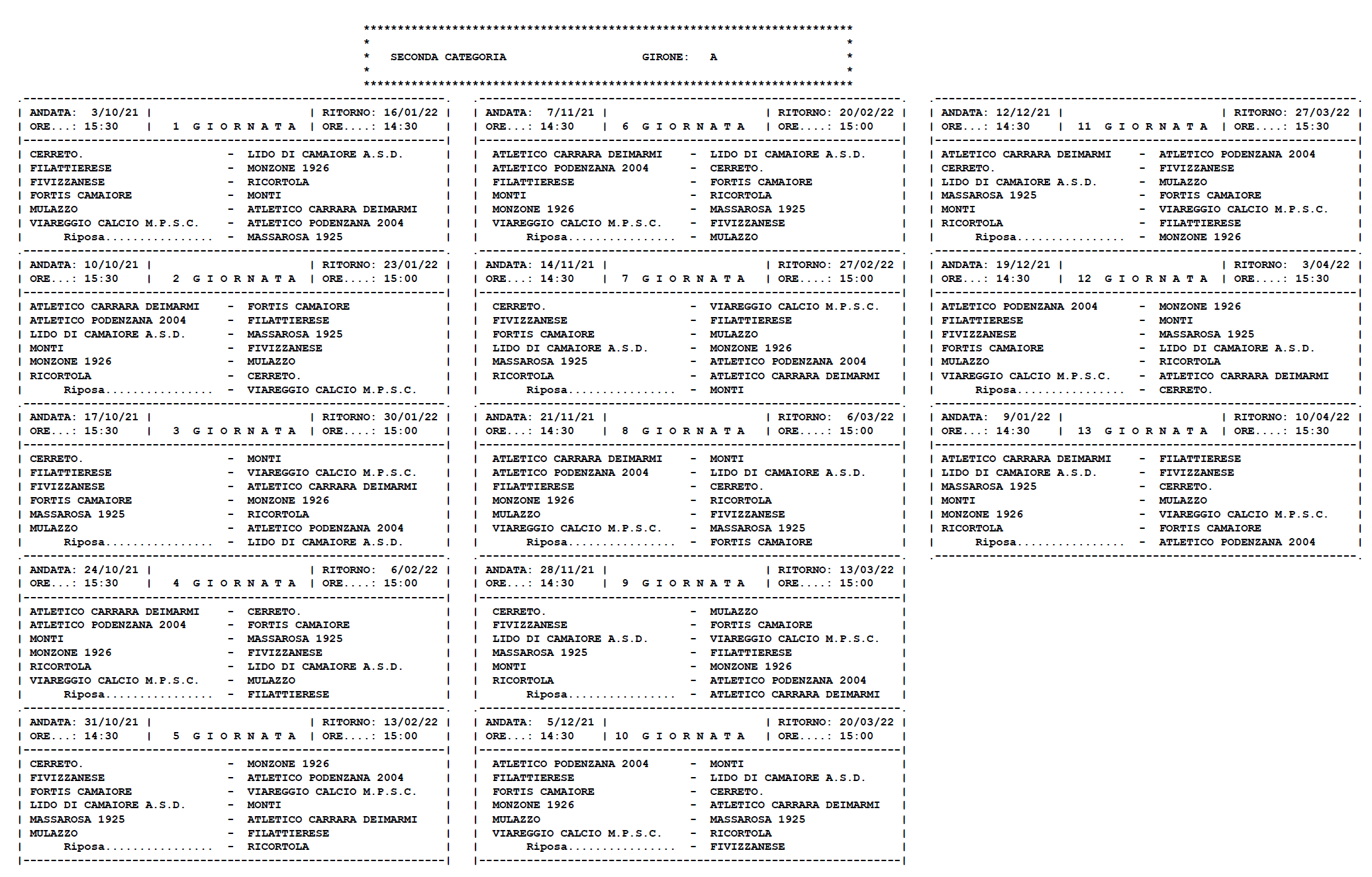 SECONDA CATEGORIA/A – Il calendario completo della stagione 2021/’22