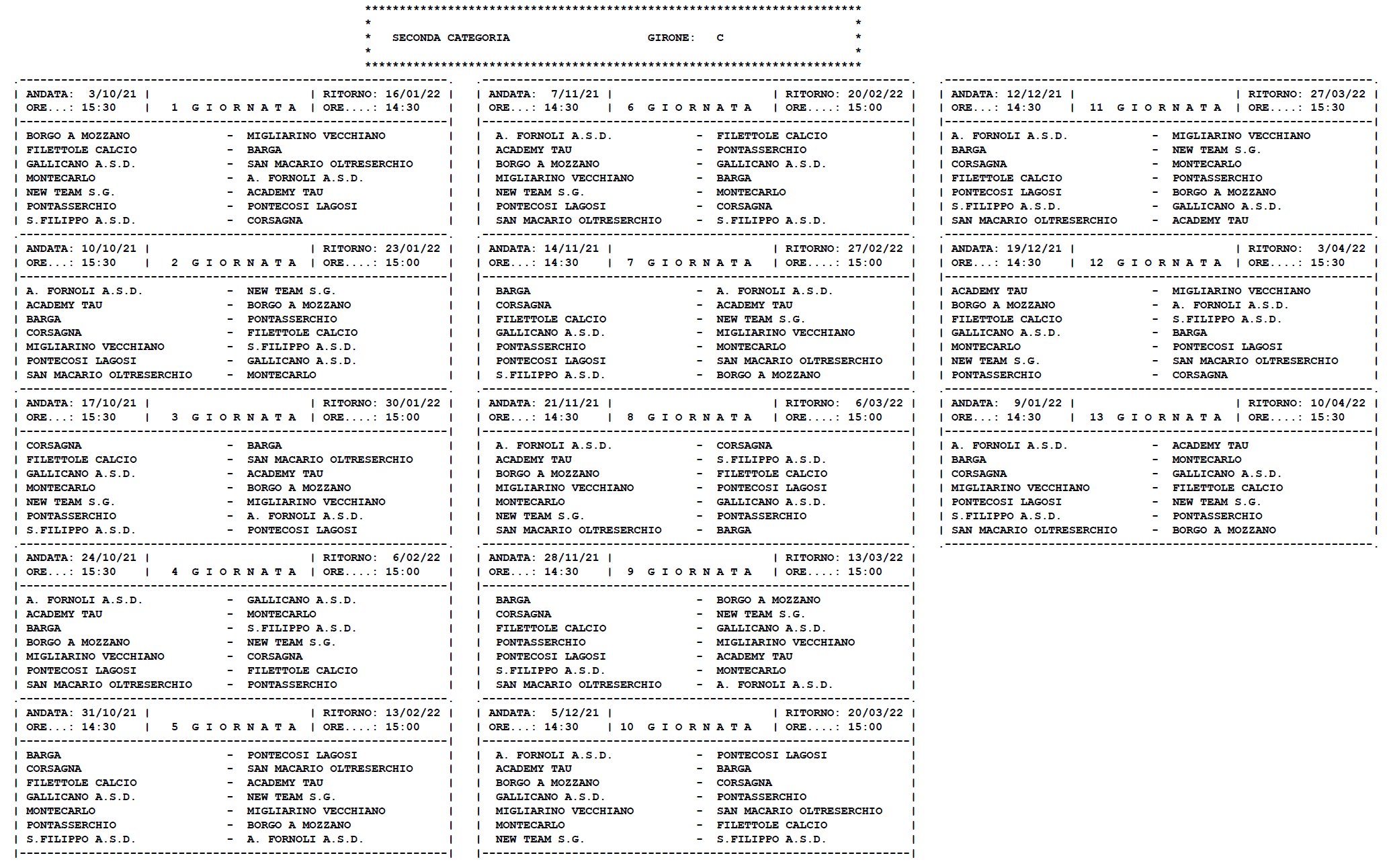 SECONDA CATEGORIA/C – Il calendario completo della stagione 2021/’22