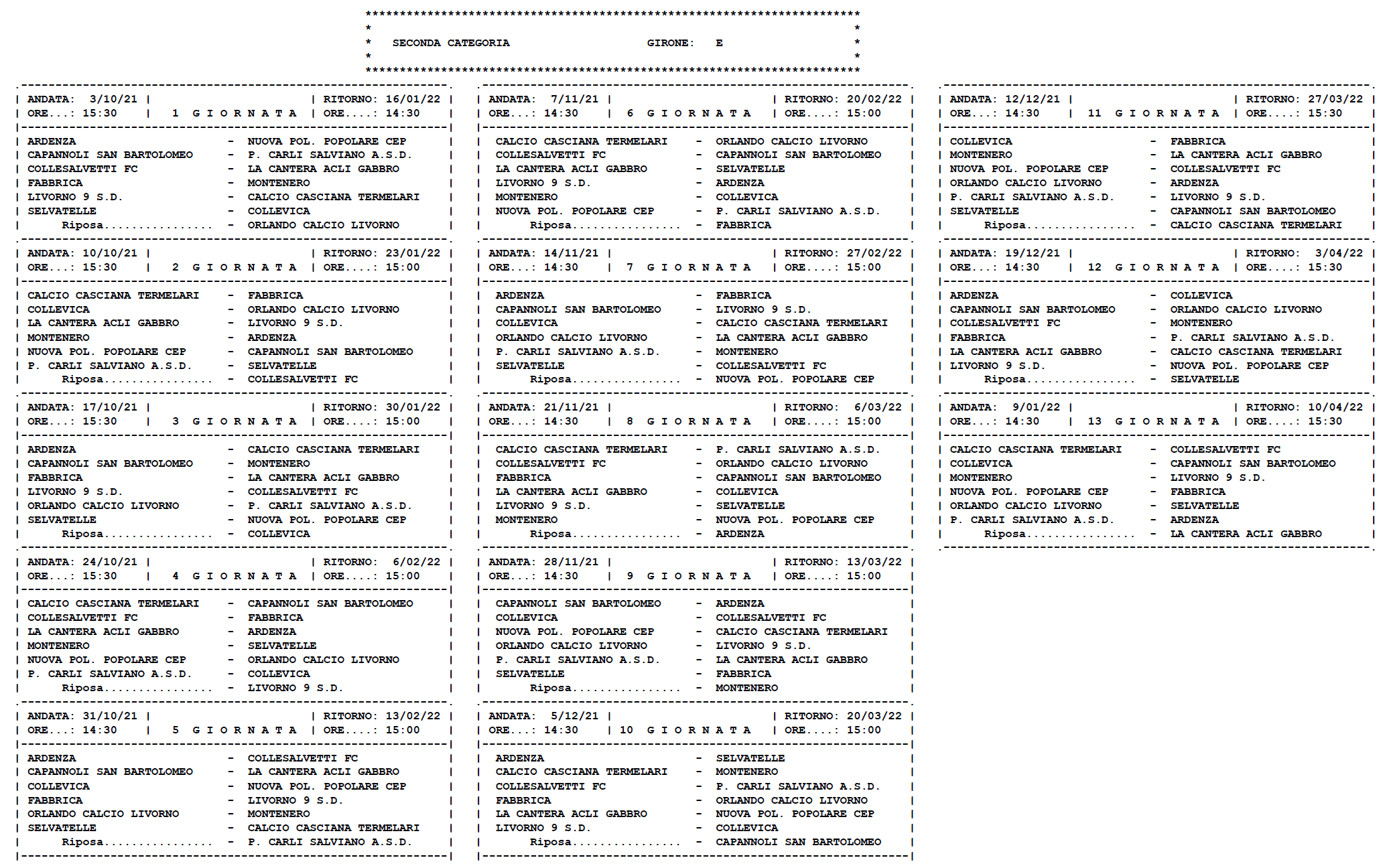 SECONDA CATEGORIA/E – Il calendario completo della stagione 2021/’22