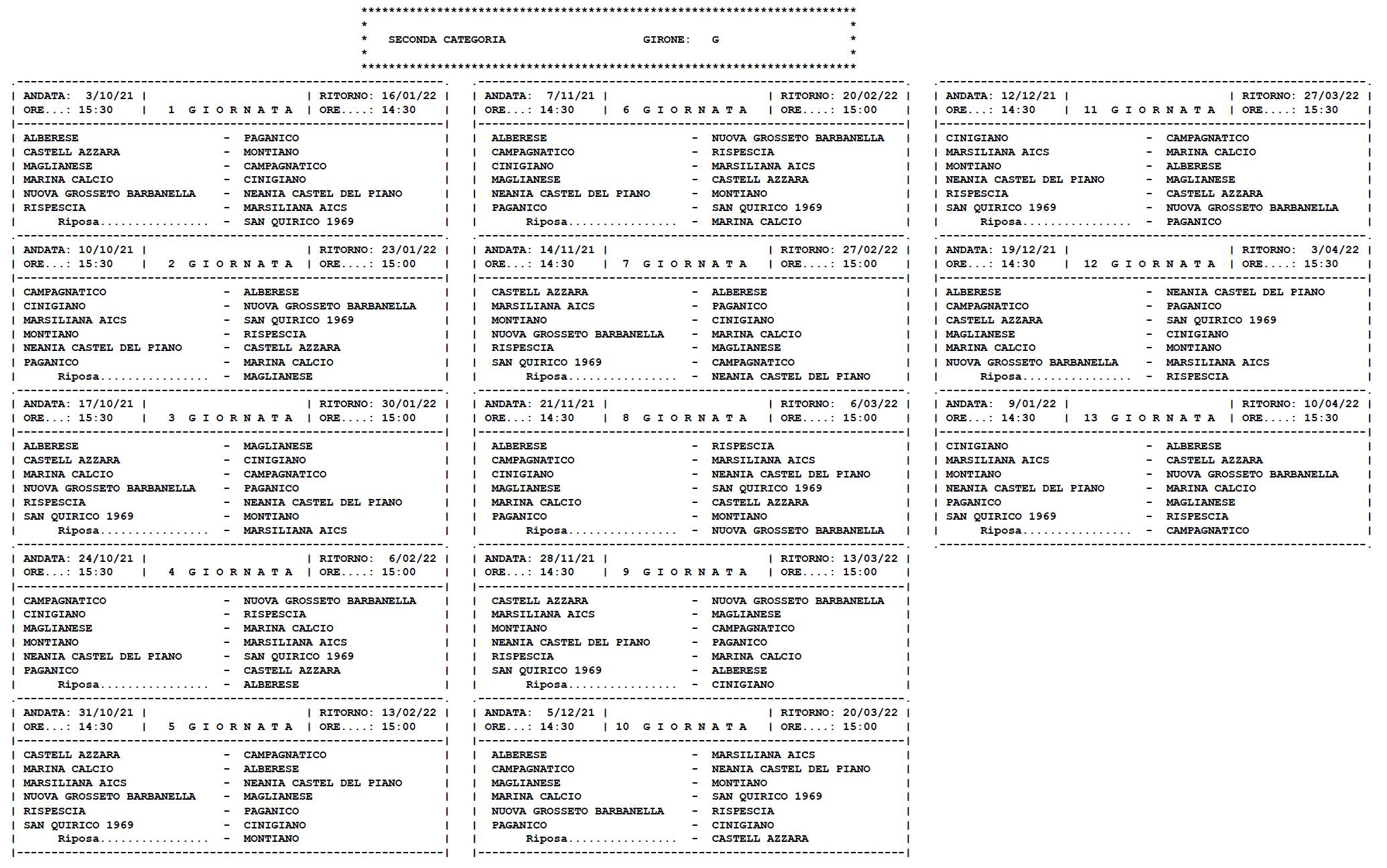 SECONDA CATEGORIA/G – Il calendario completo della stagione 2021/’22