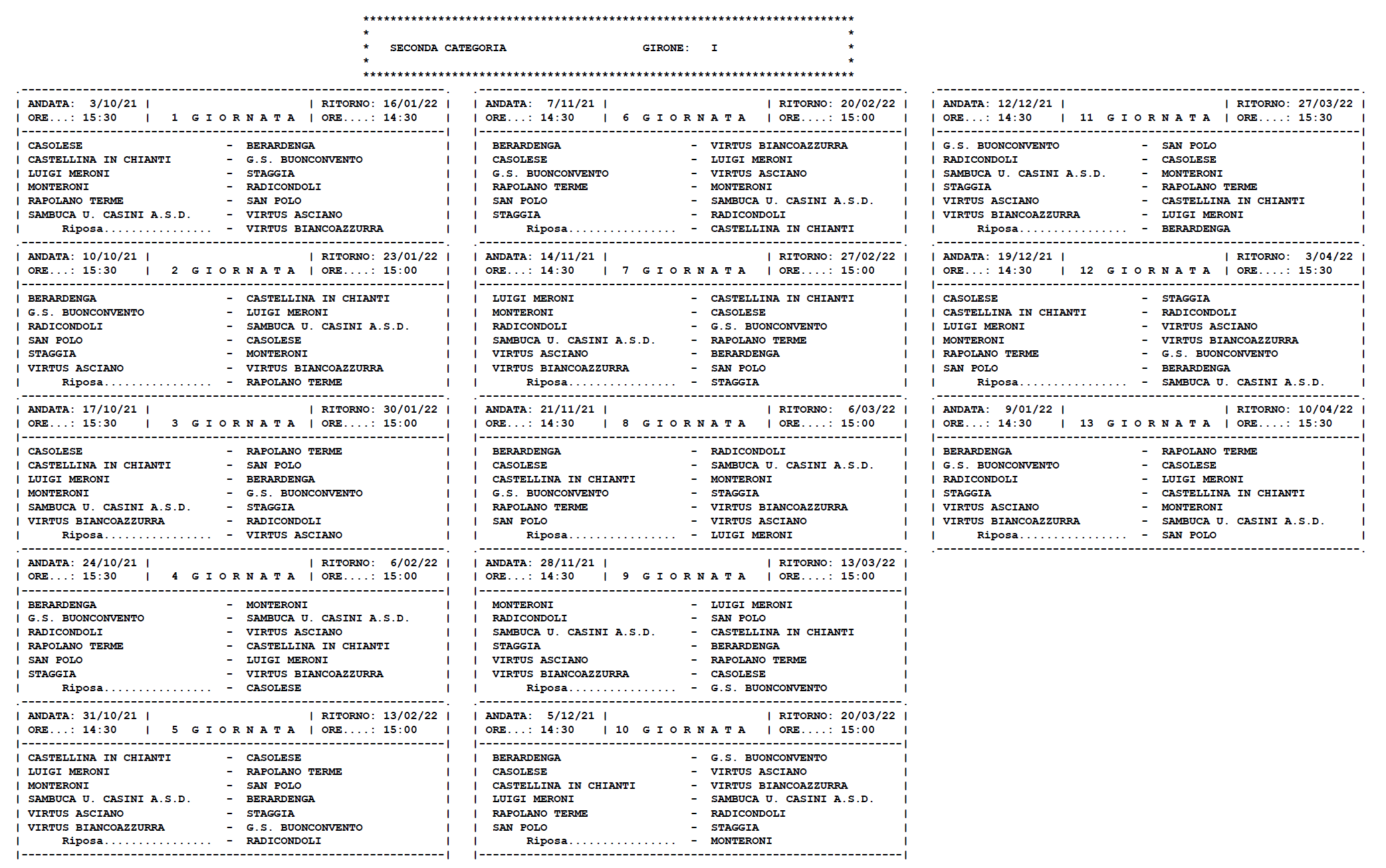 SECONDA CATEGORIA/I – Il calendario completo della stagione 2021/’22