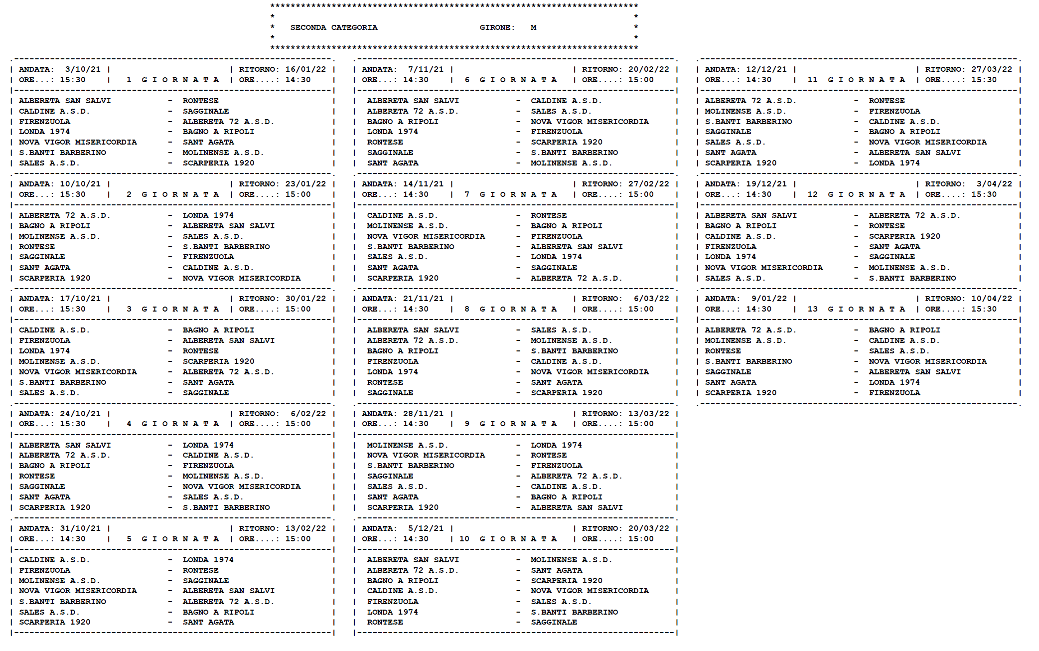 SECONDA CATEGORIA/M – Il calendario completo della stagione 2021/’22