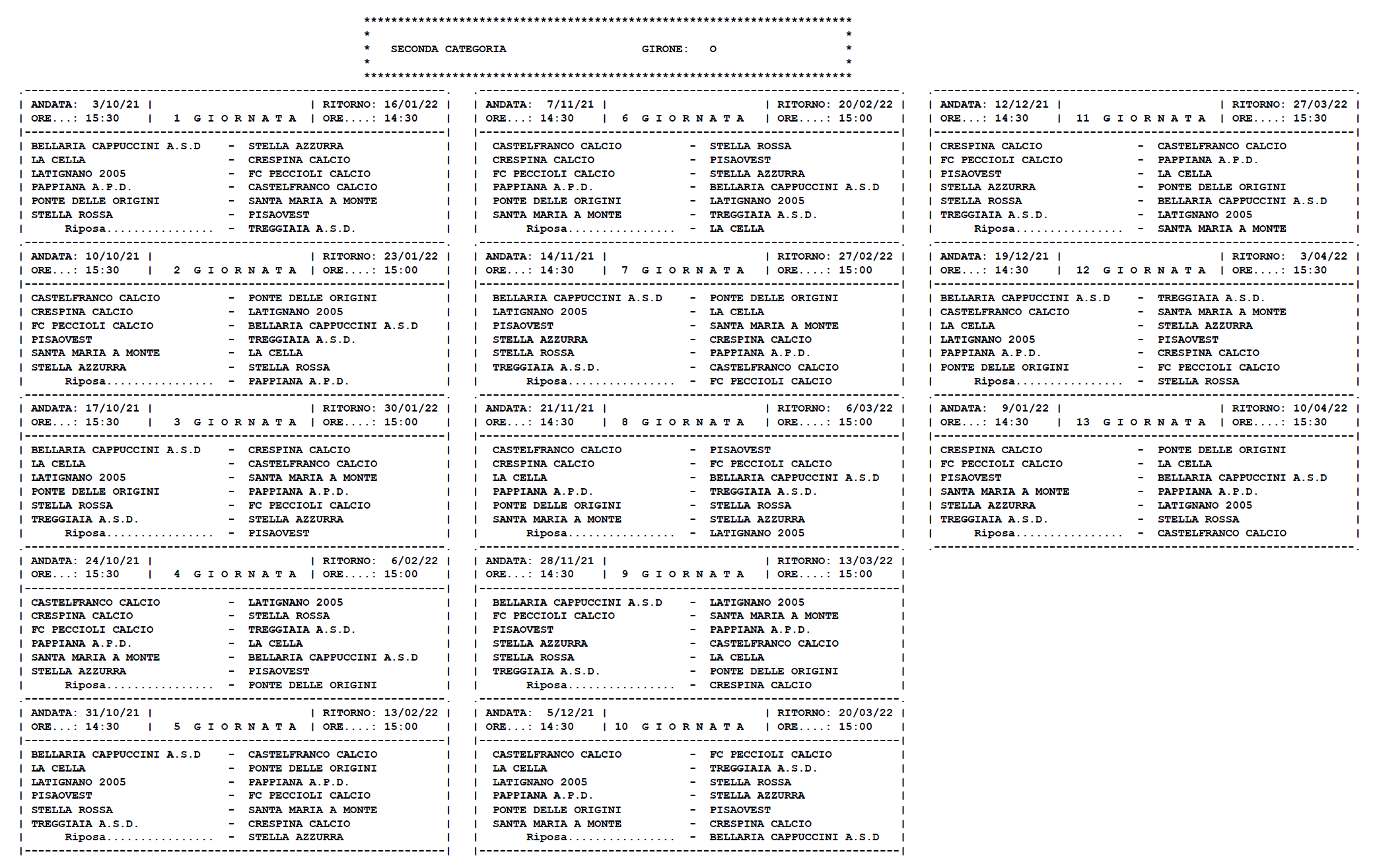 SECONDA CATEGORIA/O – Il calendario completo della stagione 2021/’22