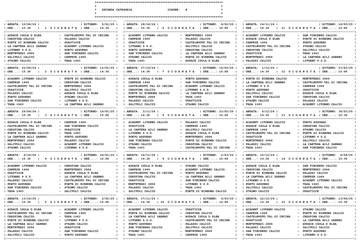 Seconda Categoria/H, il calendario completo della stagione 2024/’25